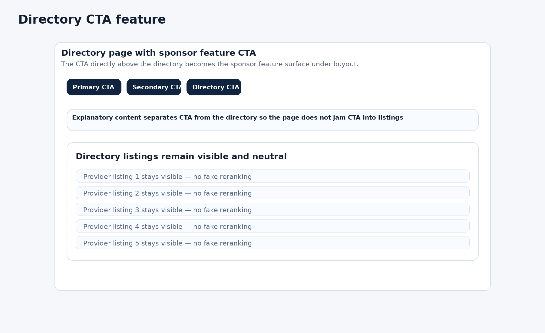 Directory page example where the CTA block above the directory becomes the sponsor feature surface while the directory listings remain visible and neutral.